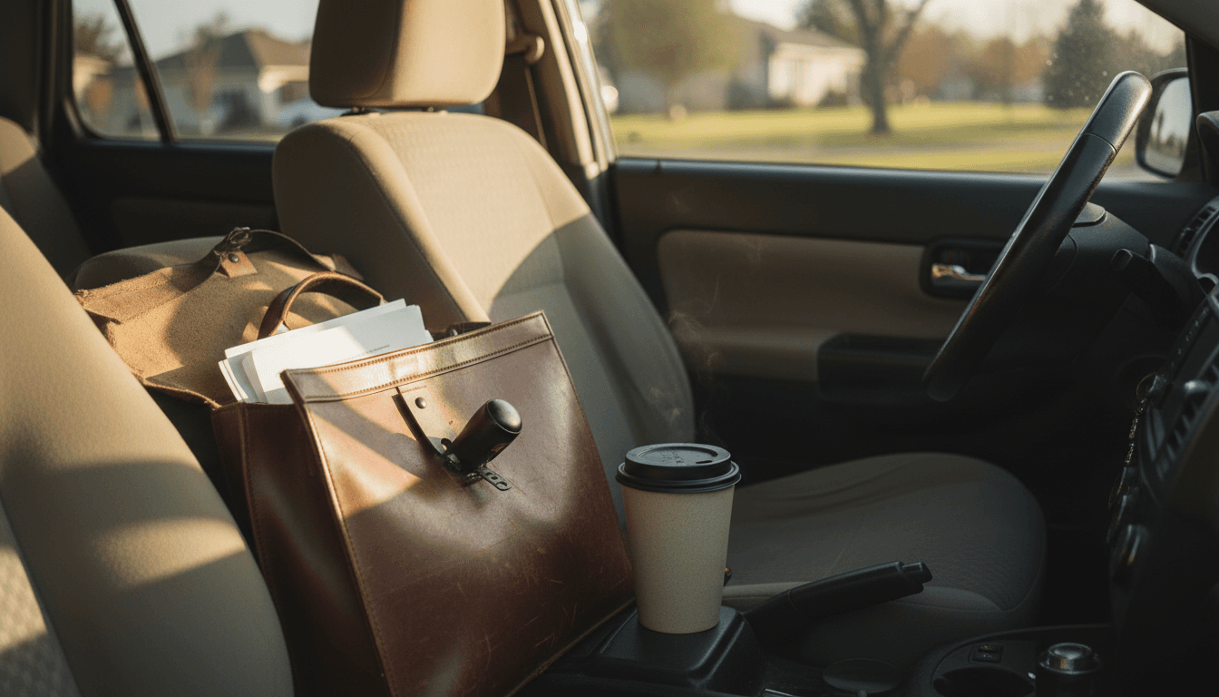Notary bag and coffee cup on a car passenger seat