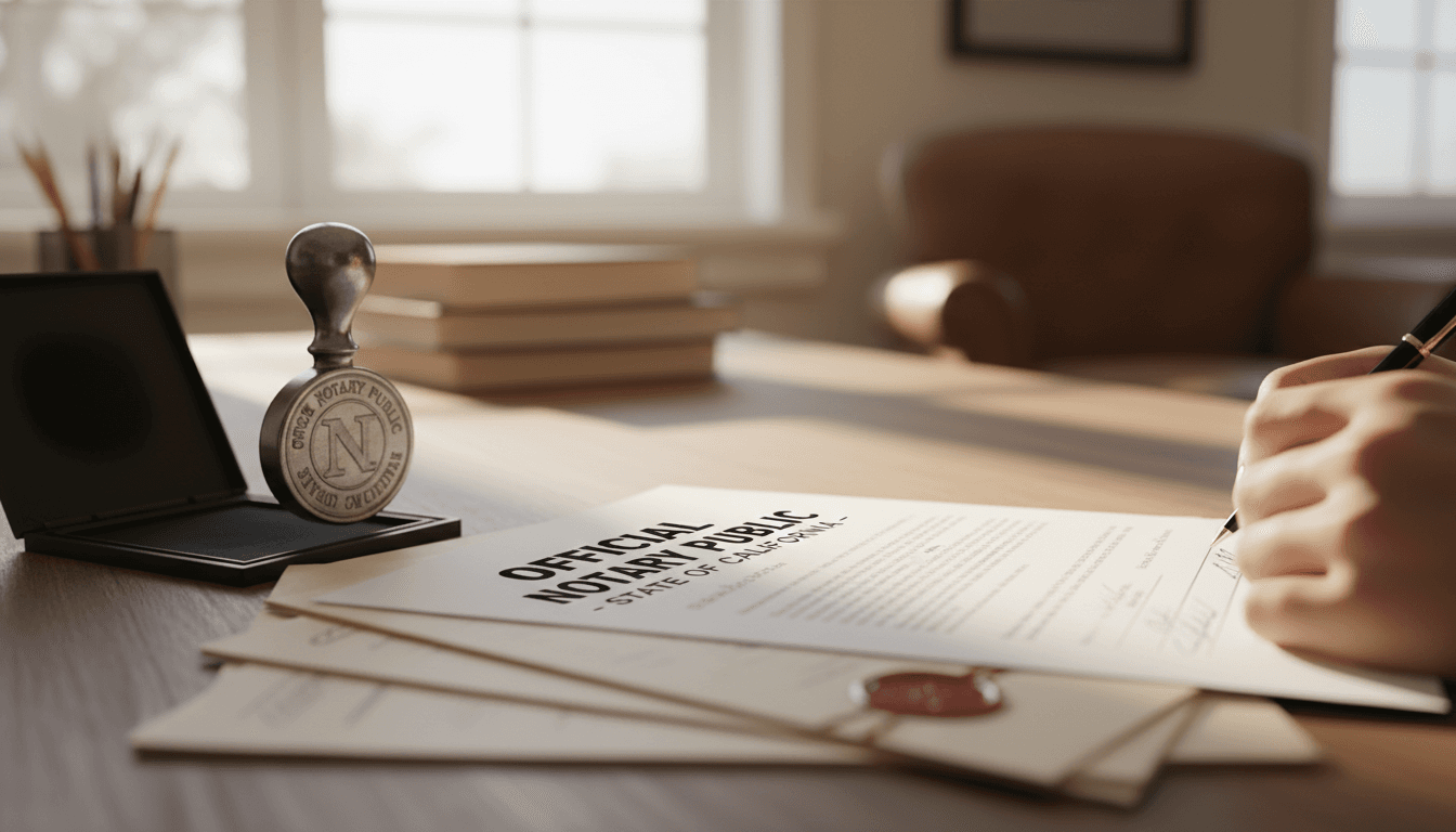 Notary stamp and documents on a desk