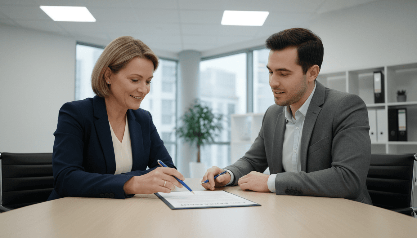 Medium shot of a notary sitting across from a borrower at a table, both reviewing a document together, relaxed professional posture, bright overhead lighting, clean modern office background