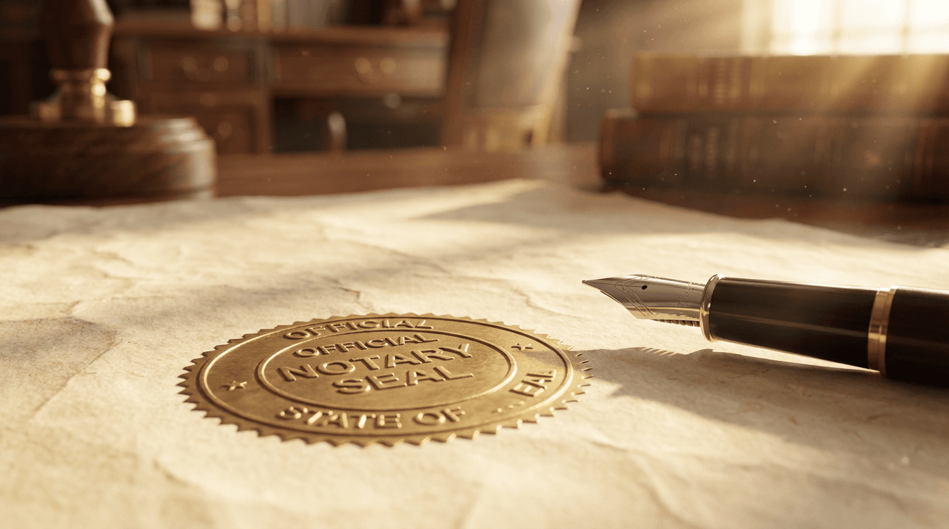 Notary seal and pen on a signed document