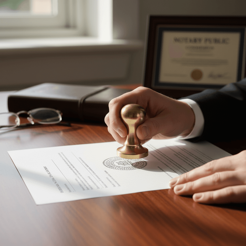 Notary stamp pressing into a document on a wooden desk