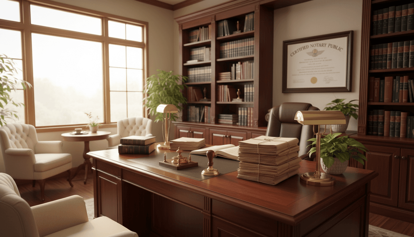 Notary supplies on a clean desk with official documents and seal stamp