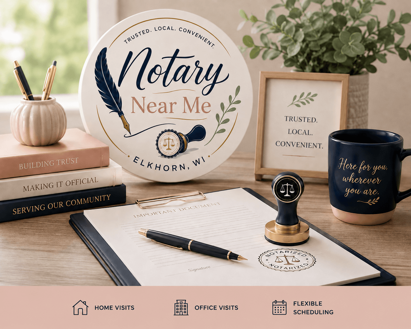 Professional notary desk featuring branded signage, official documents, a stamp, and service visit icons.